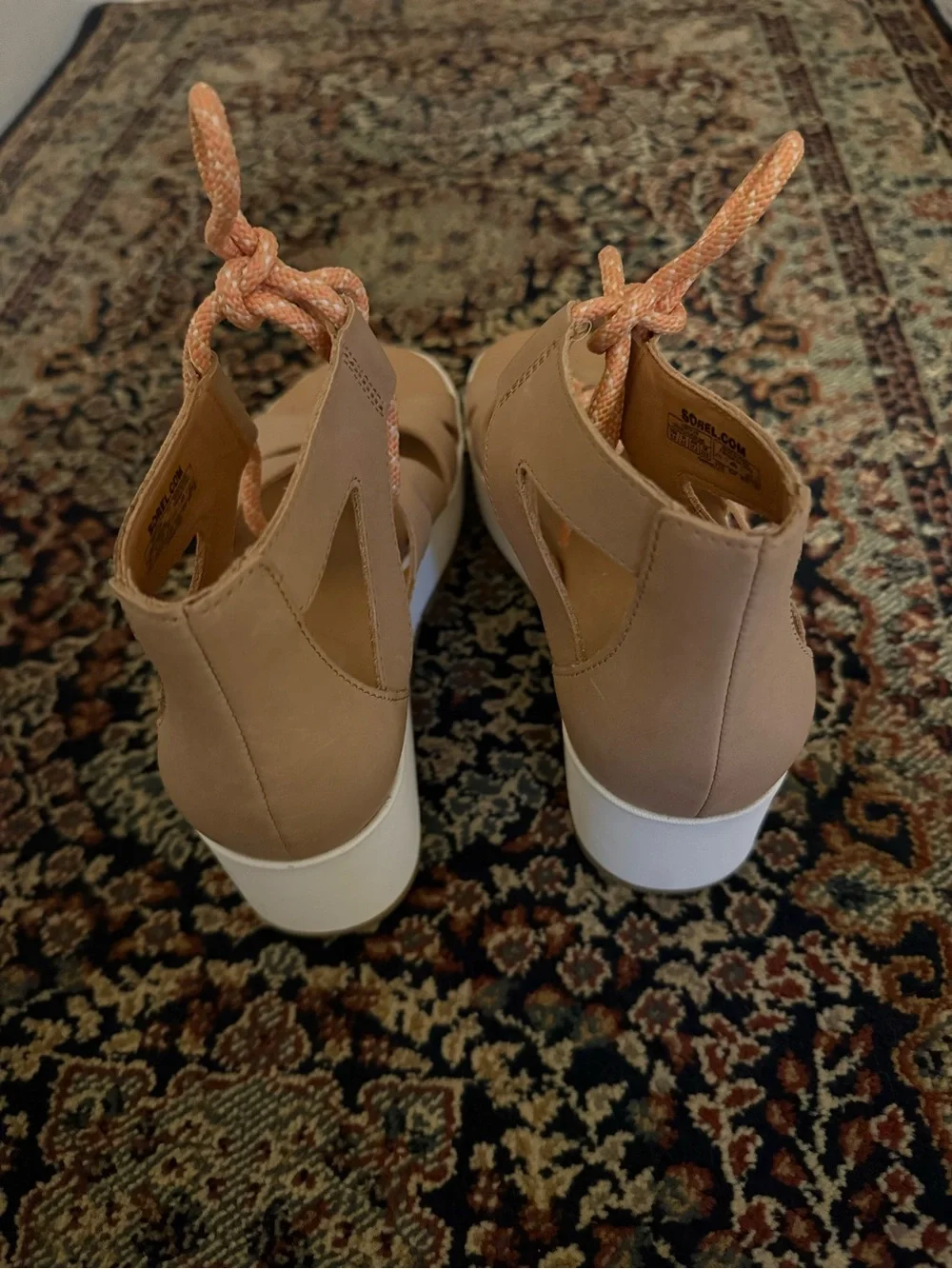 Sorel Beige Lace-Up Wedge Sandals with White Platform